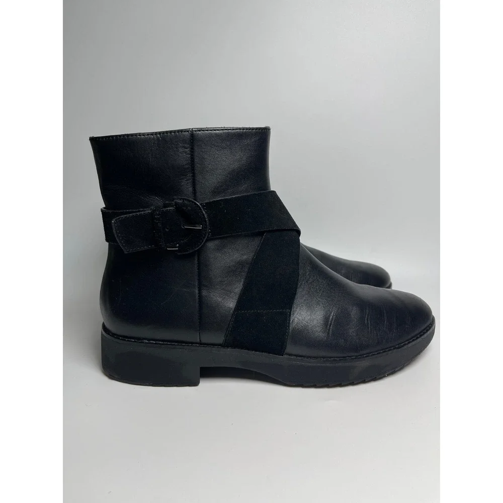 FitFlop Womens Black Leather Buckle Ankle Boots Side Zip Size 9 US